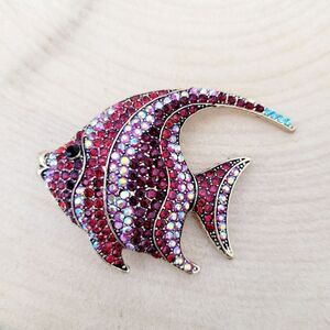 Brand New 2 In 1 Gold Tone Red Fish Rhinestone Brooch Pin & Pendant